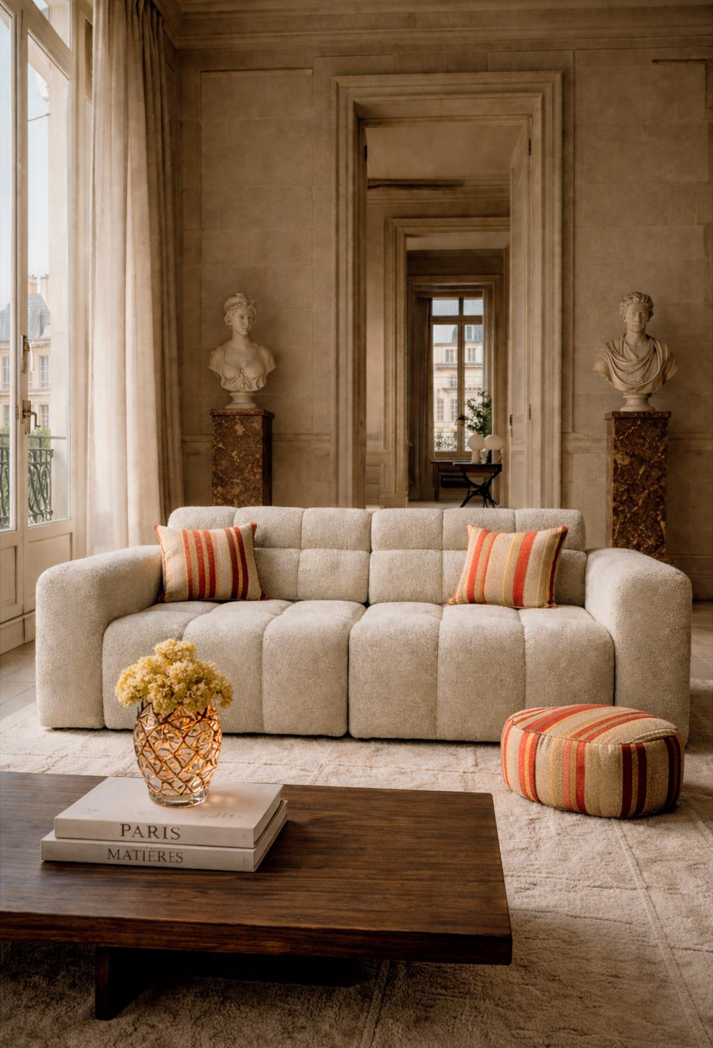 Canapé droit Colonel Driant par Paname Avenue dans un décor parisien très luxueux entouré de bustes  sur pieds en marbre et coussins de tapissiers ultra chics.