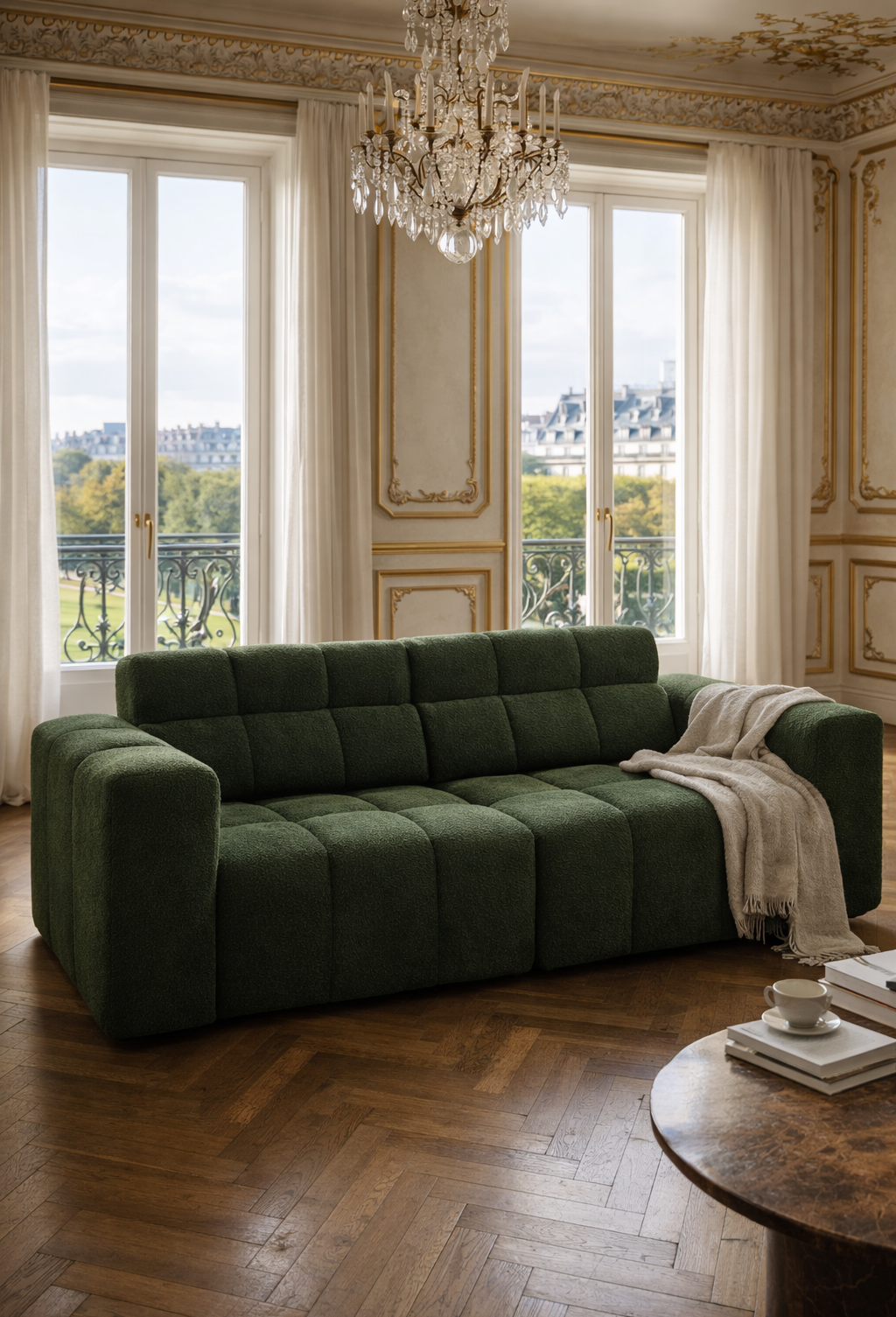 Canapé droit Colonel Driant par Paname Avenue dans un décor parisien très luxueux avec moulures, dorures et parquer en point de Hongrie.