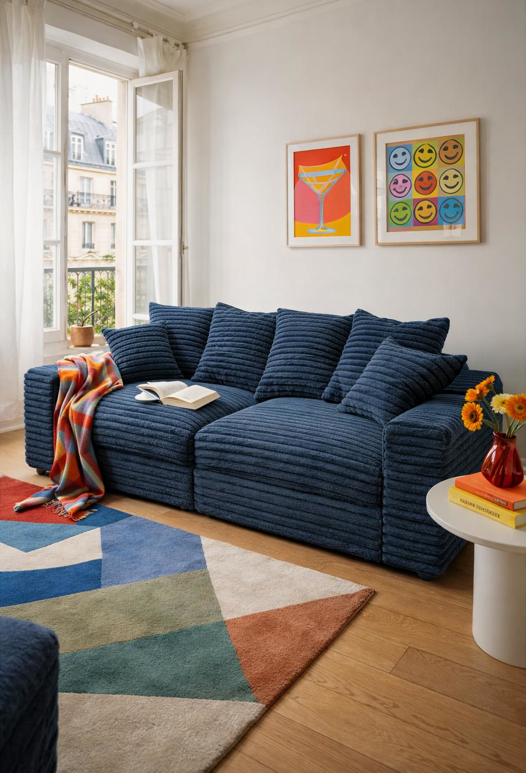 Canapé droit Croix des Petits Champs bleu par Paname Avenue dans un décor parisien coloré et moderne.