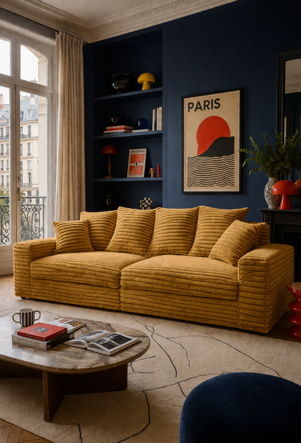 Canapé droit Croix des Petits Champs jaune par Paname Avenue dans un décor parisien coloré et moderne.