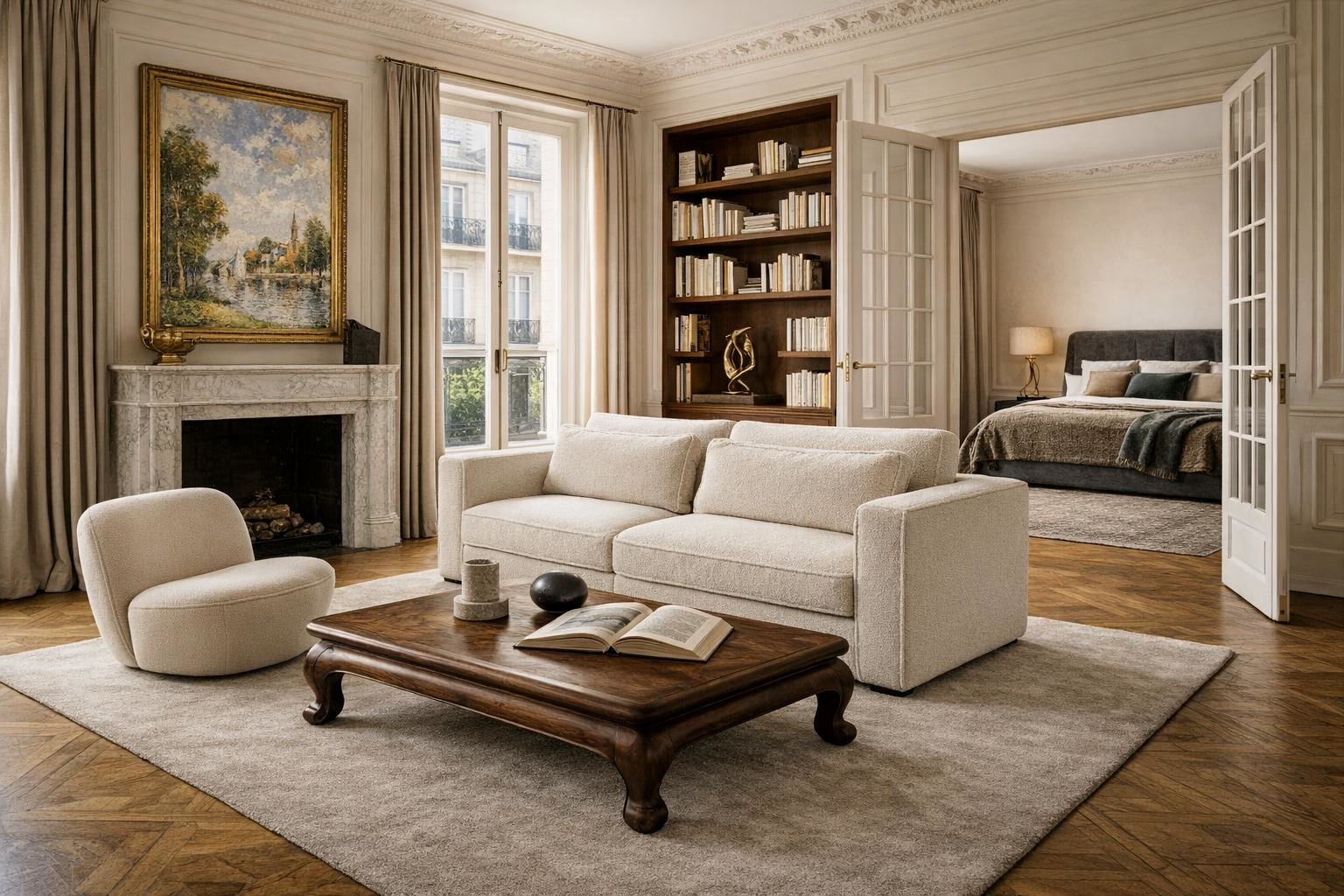 Canapé droit Descartes et lit coffre Rosiers dans un intérieur de style haussmannien chic modernisé, très typique du luxe parisien discret.