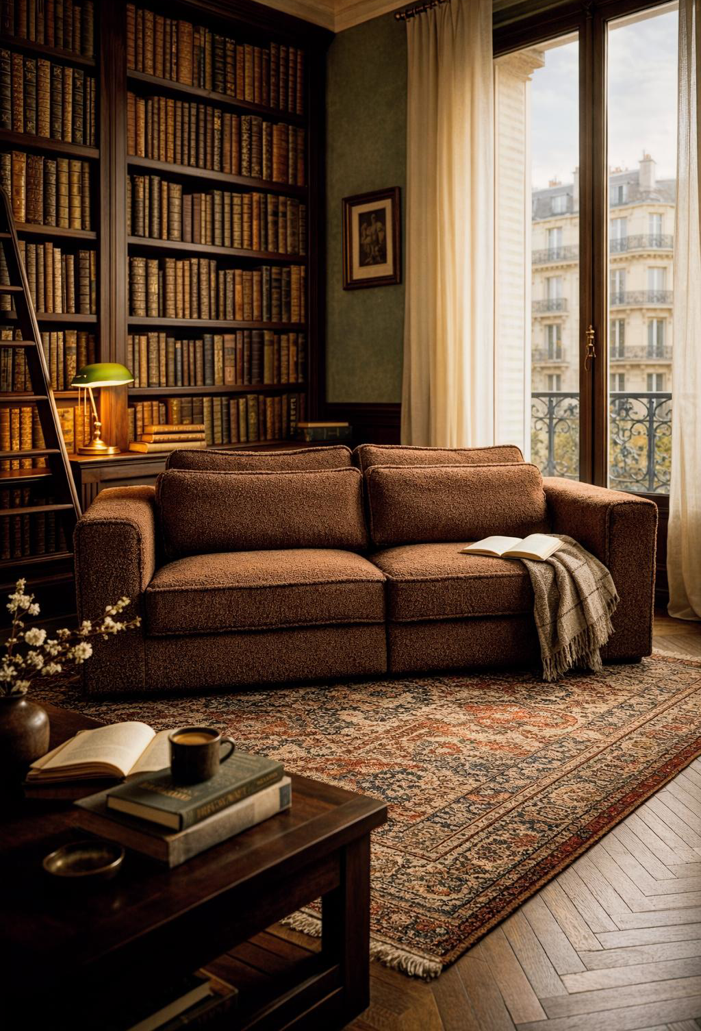 Canapé droit Descartes de la marque Paname Avenue installé devant une bibliothèque monumentale placée dans un salon bourgeois parisien