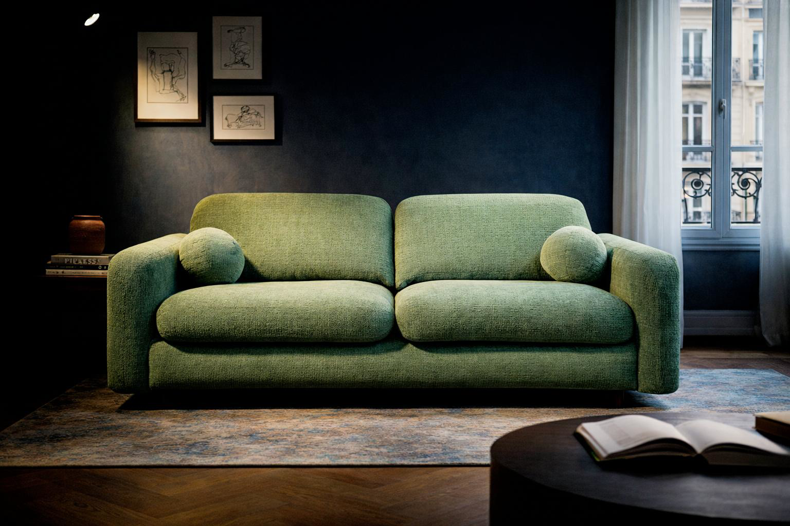 Canapé droit Duperré de Paname Avenue en tissu vert, design contemporain aux lignes arrondies avec coussins cylindriques, installé dans un salon parisien  élégant aux murs sombres.