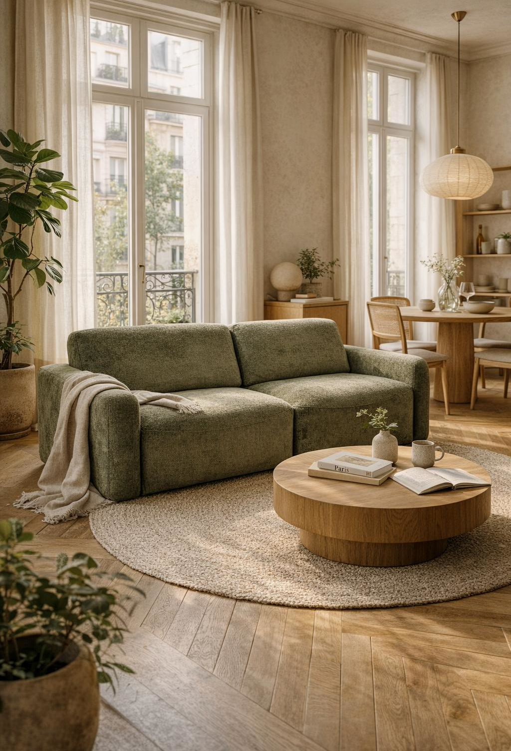 Canapé droit Estrapade de la marque Paname Avenue dans un salon-salle à manger convivial parisien