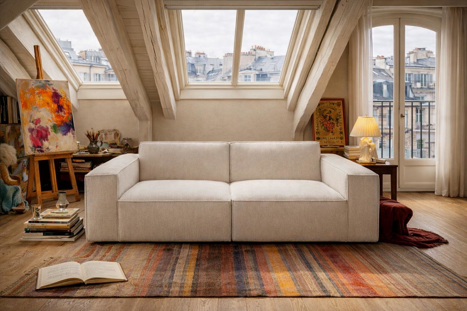 Canapé droit Gabrielle Paname Avenue en tissu chenille beige dans un salon parisien sous les toits avec vue sur Montmartre, parquet en bois et décoration artistique