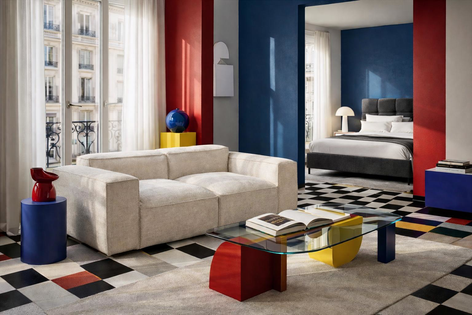 Canapé droit Lacépède Paname Avenue dans une suite  graphique, audacieuse et très design, avec une forte influence Bauhaus , Memphis et modernisme coloré.