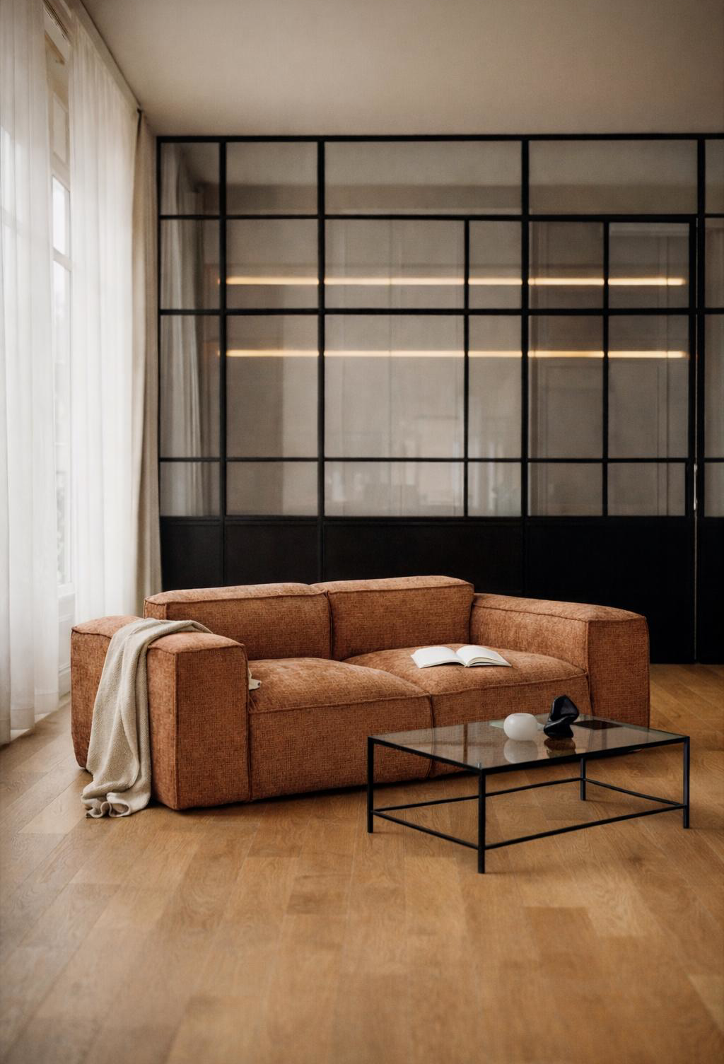Canapé droit Lacépède du catalogue Paname Avenue dans un salon de type loft industriel