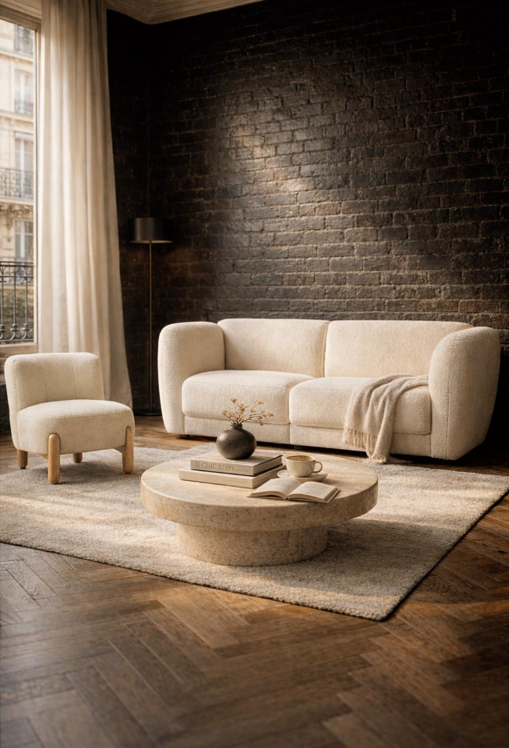 Canapé droit Pigalle et fauteuil Rivoli de la marque Paname Avenue dans un salon  au style contemporain avec influence wabi-sabi et loft.
