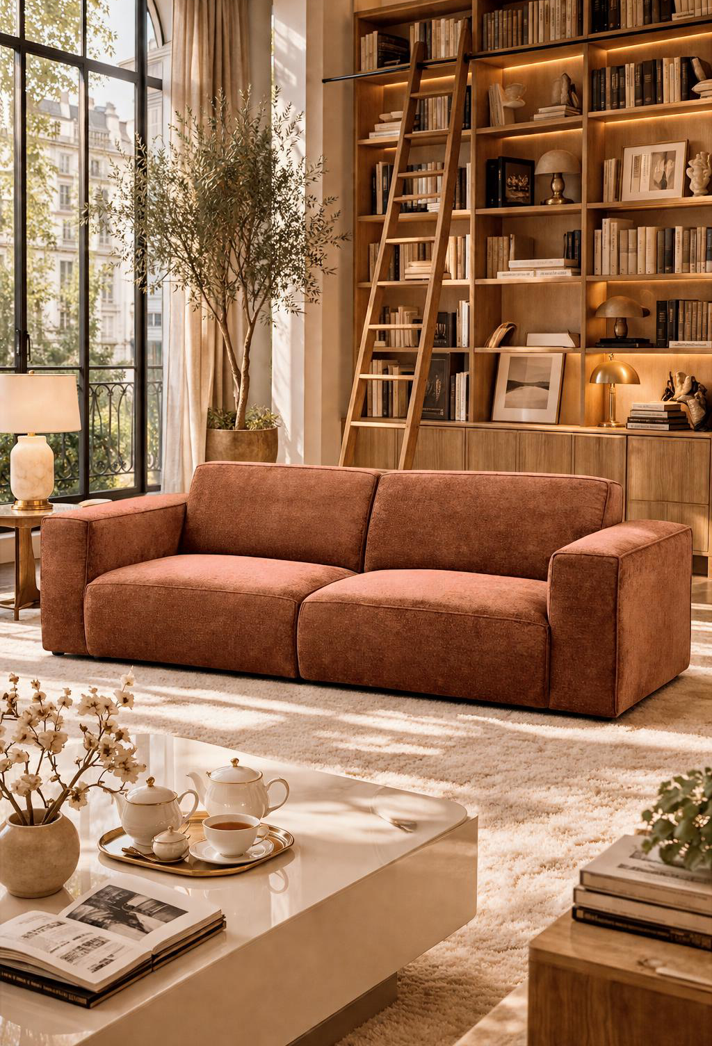 Canapé droit Pyramide terracotta dans un décor de salon parisien d'érudit.