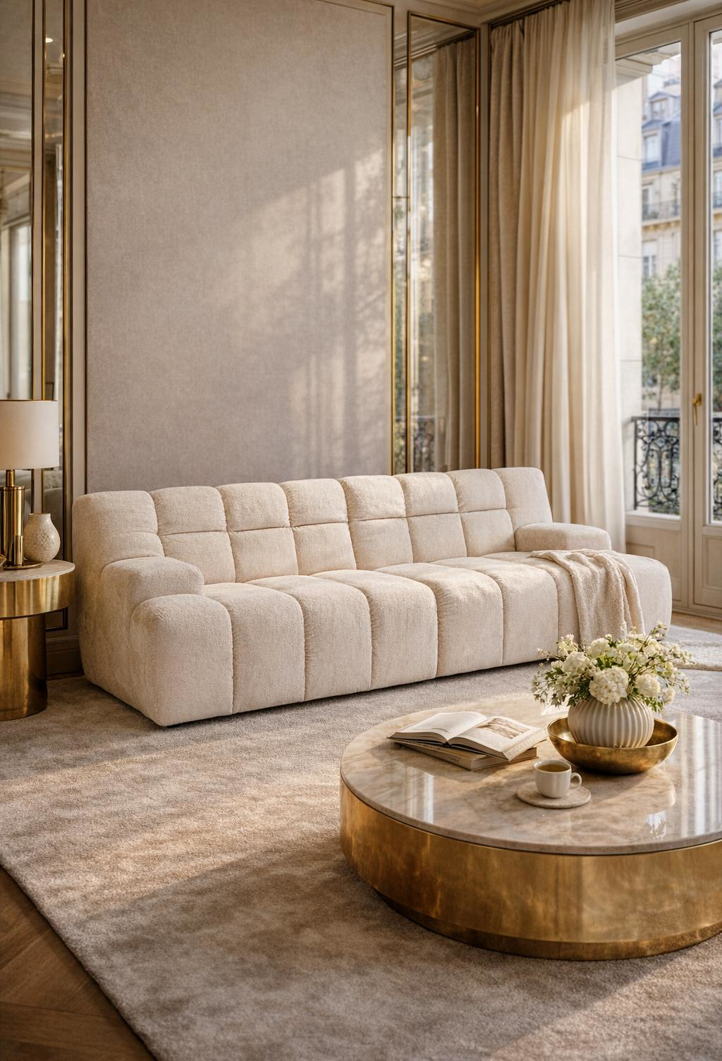 Intérieur haussmannien moderne beige et doré avec canapé droit Saint-Honoré par Paname Avenue.