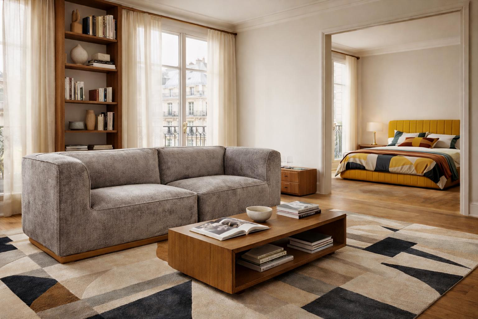 Canapé droit Saint Maur et lit coffre Timbaud Paname Avenue dans un intérieur parisien chic et contemporain