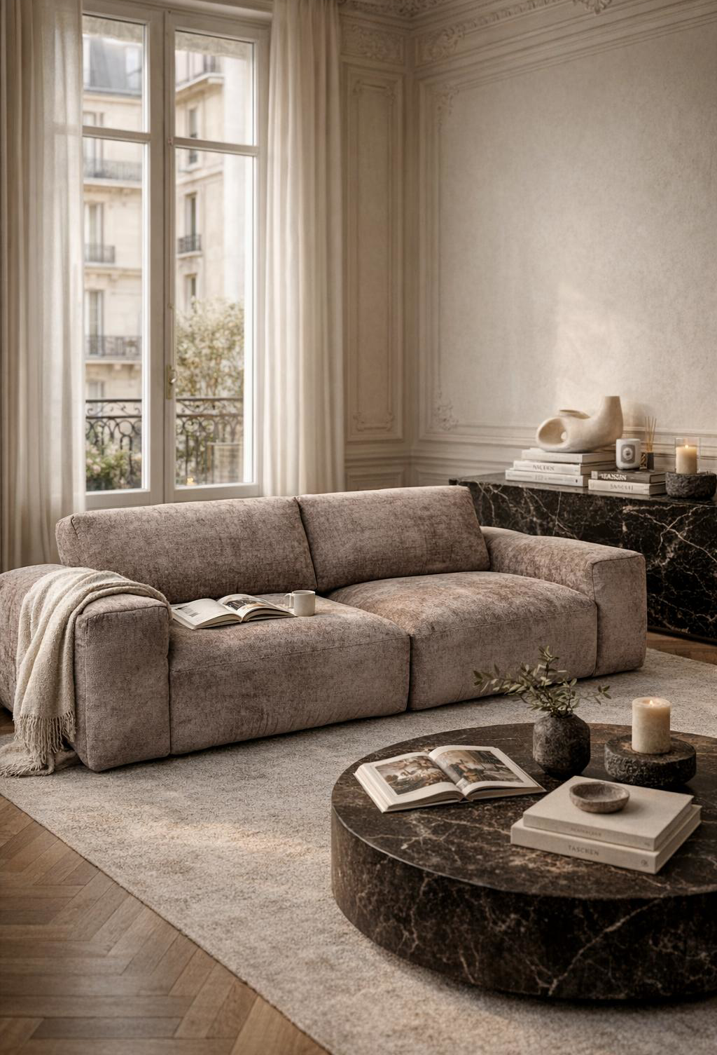 Canapé droit Vieille du Temple dans un salon haussmannien avec mobilier en marbre