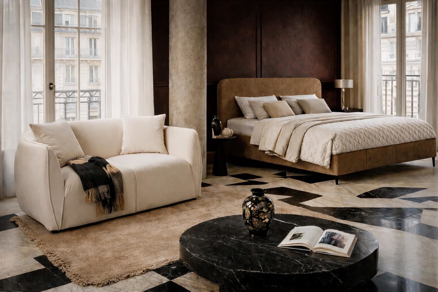 Canapé Meslay et lit Yves Toudic de Paname Avenue dans un intérieur Art Déco chic de Paris
