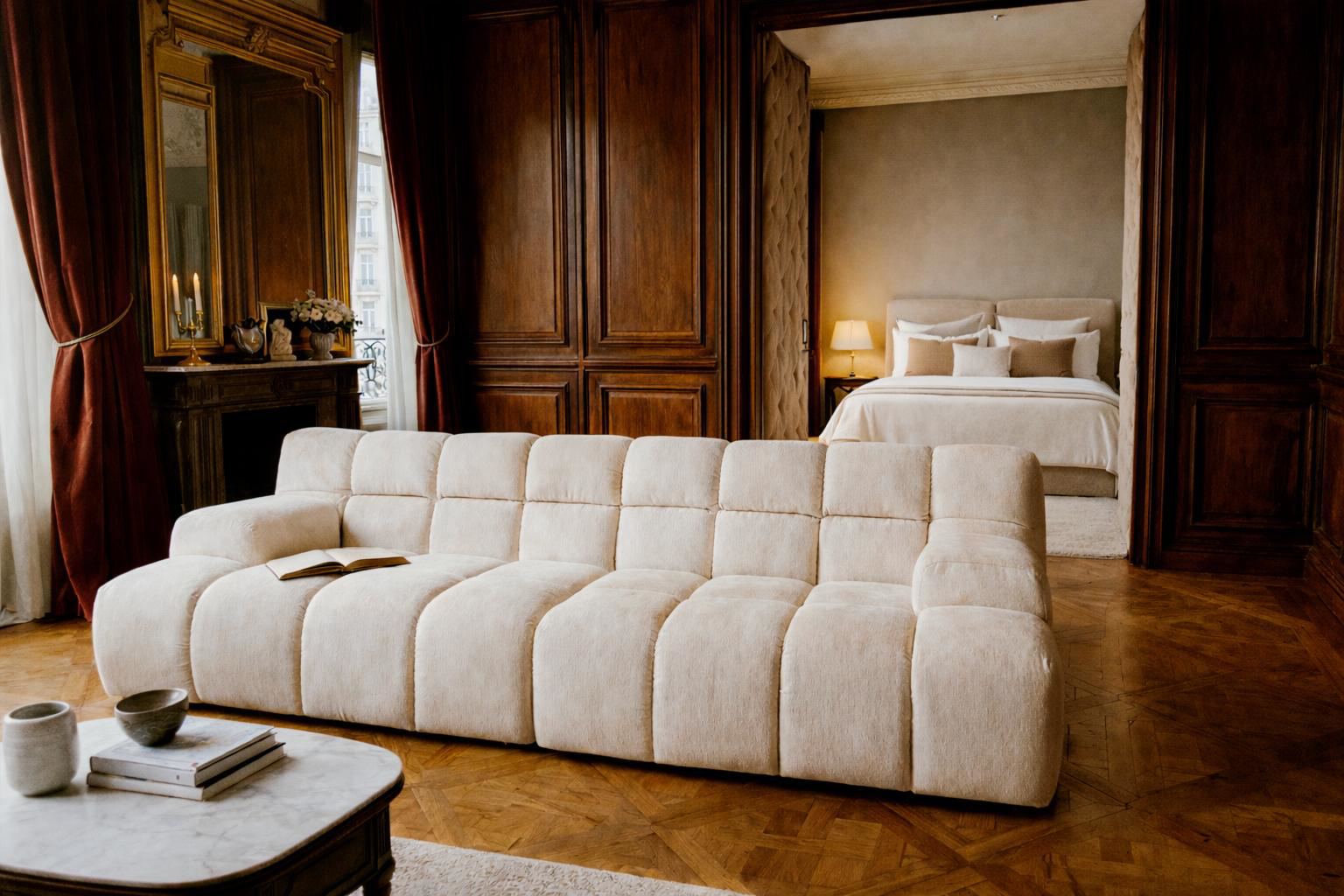 Canapé Saint Honoré et lit Arbre Sec dans un salon classique et feutré parisien