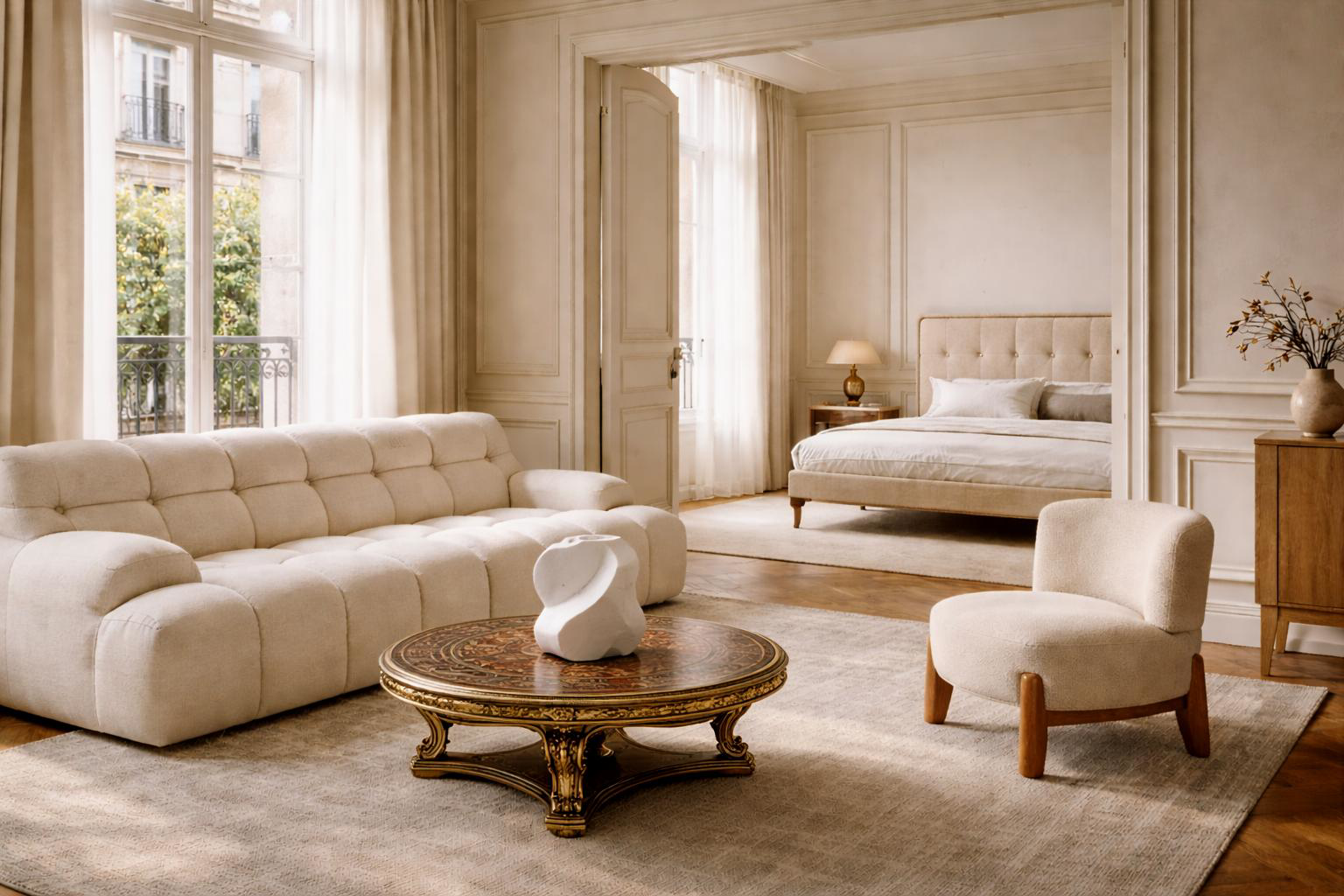 Canapé Saint Honoré, lit Valmy et fauteuil Rivoli dans un intérieur haussmannien lumineux