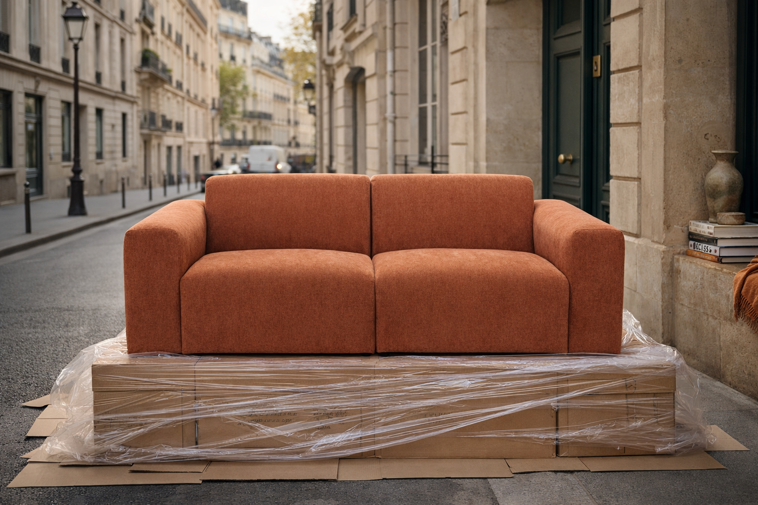 Canapé Seine Paname Avenue en tissu chenille terracotta installé en extérieur dans une rue parisienne, posé sur carton avec protection plastique, devant un immeuble haussmannien