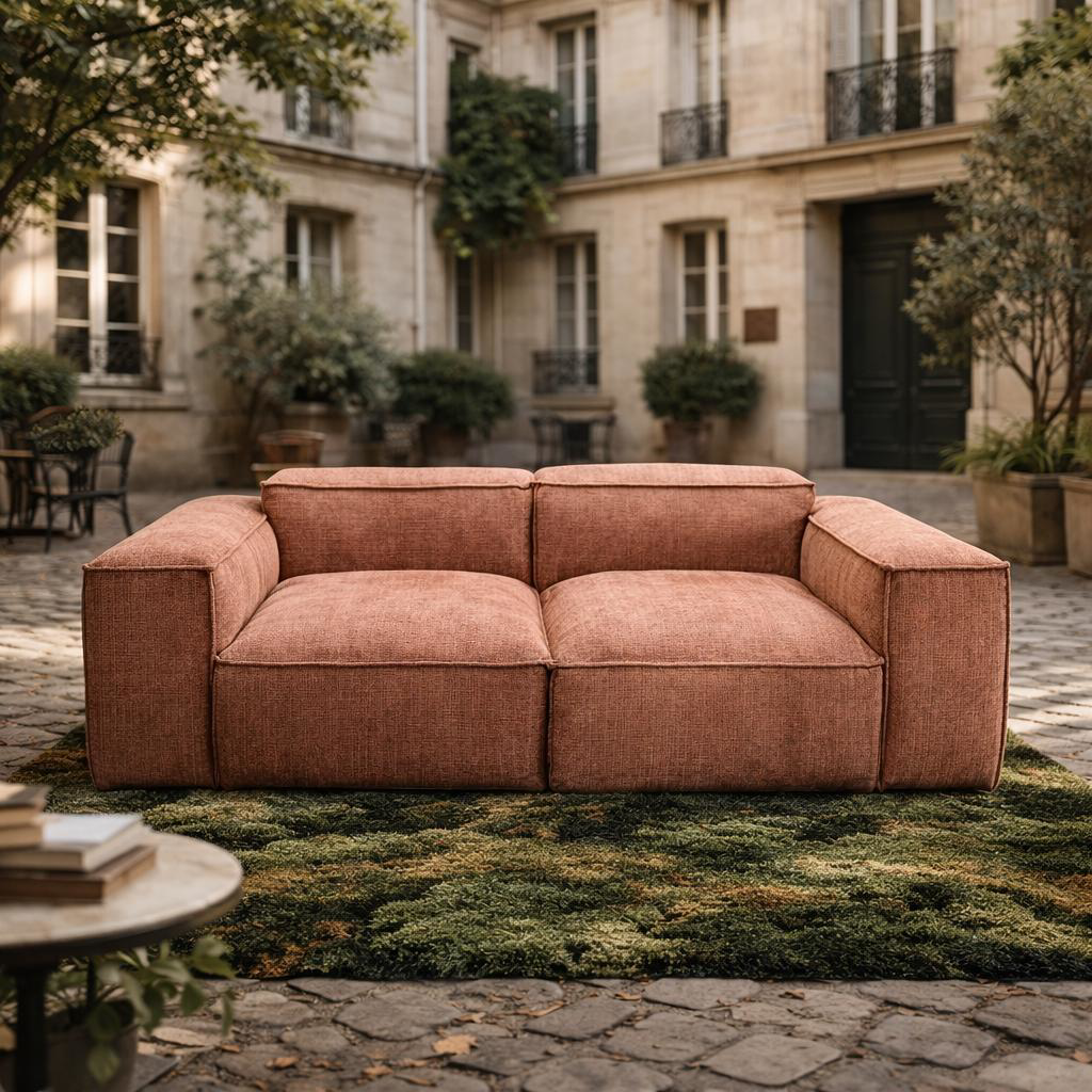 Canapé droit Lacépède Paname Avenue dans le décor d'une rue du quartier Contrescarpe à Paris