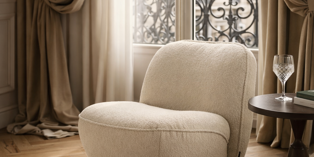 Fauteuil Louvre dans un décor haussmannien typique de Paris avec parquet en point de Hongrie et rideaux en velours épais.