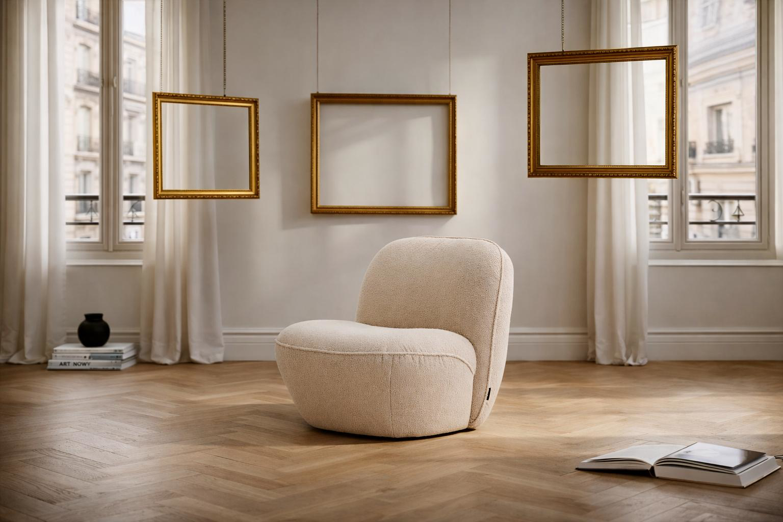 Fauteuil Louvre Paname Avenue dans un salon parisien chic épuré avec cadres vides suspenddus