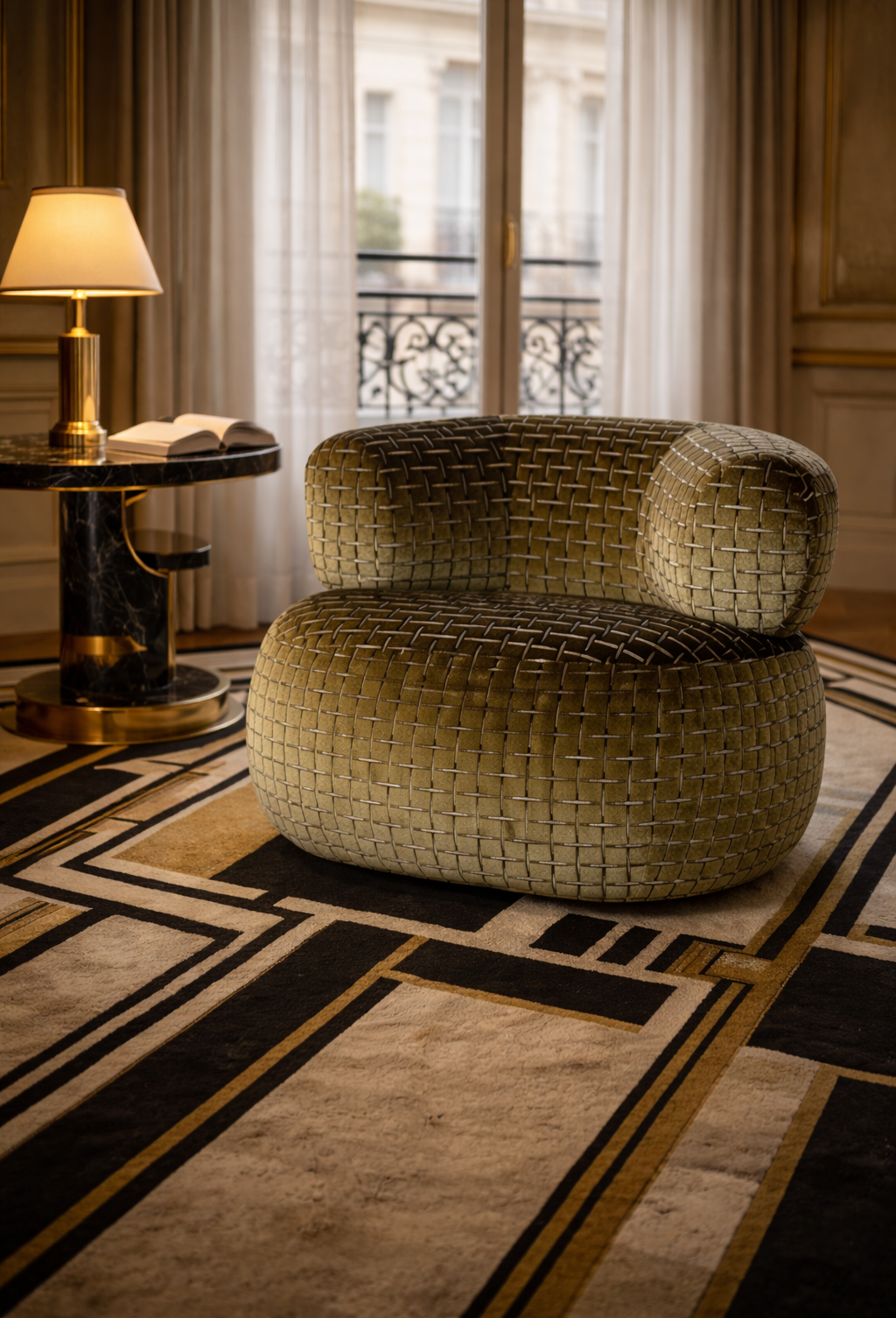 Fauteuil Montorgueil de la marque Paname Avenue dans un décor de type  Art Déco ancien.