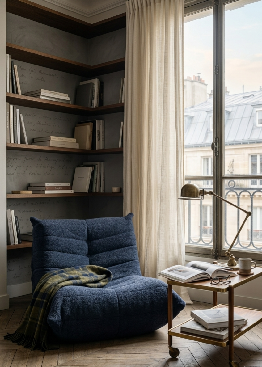 Fauteuil Moret de Paname Avenue installé dans un boudoir parisien faisant office de coin lecture avec ses livres disposés sur des étagères encastrées.