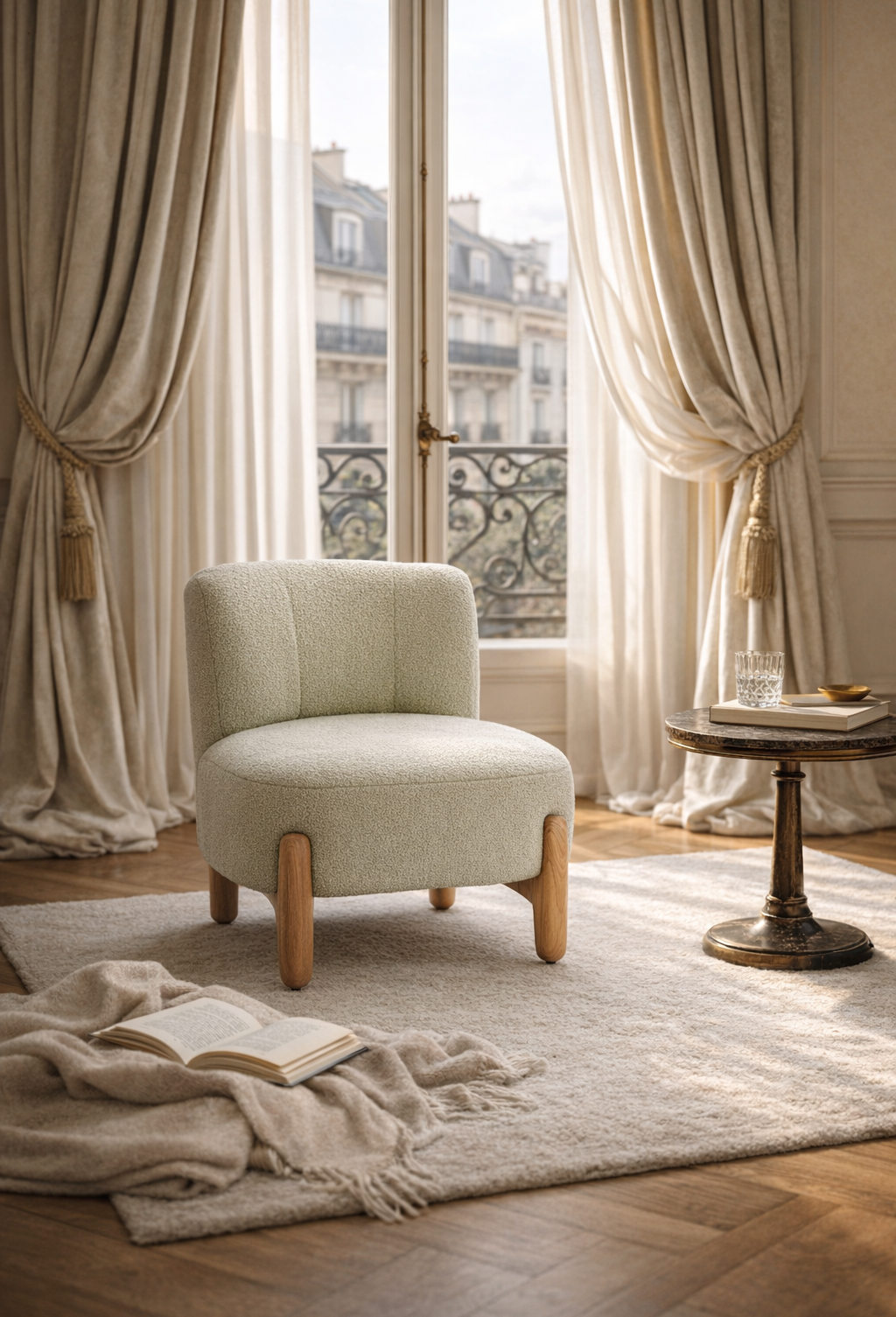 Fauteuil Rivoli dans un décor de coin lecture haussmannien avec rideaux épais et parquet en point de Hongrie. Palette douce et lumineuse.