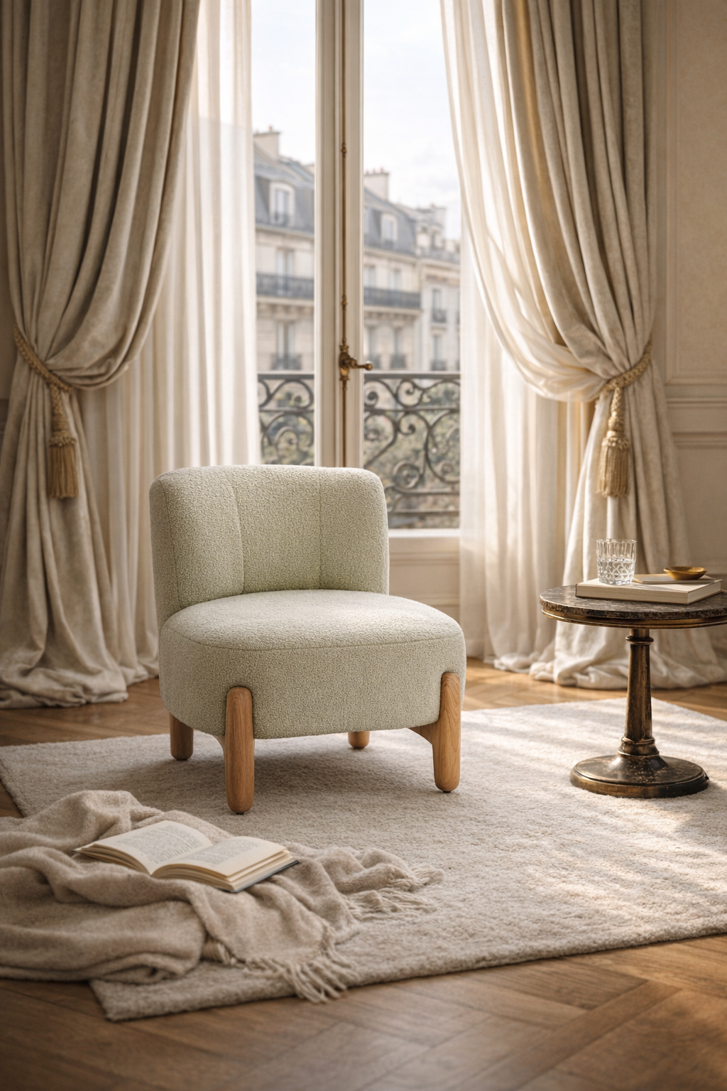 Fauteuil Rivoli dans un décor de coin lecture haussmannien avec rideaux épais et parquet en point de Hongrie. Palette douce et lumineuse.