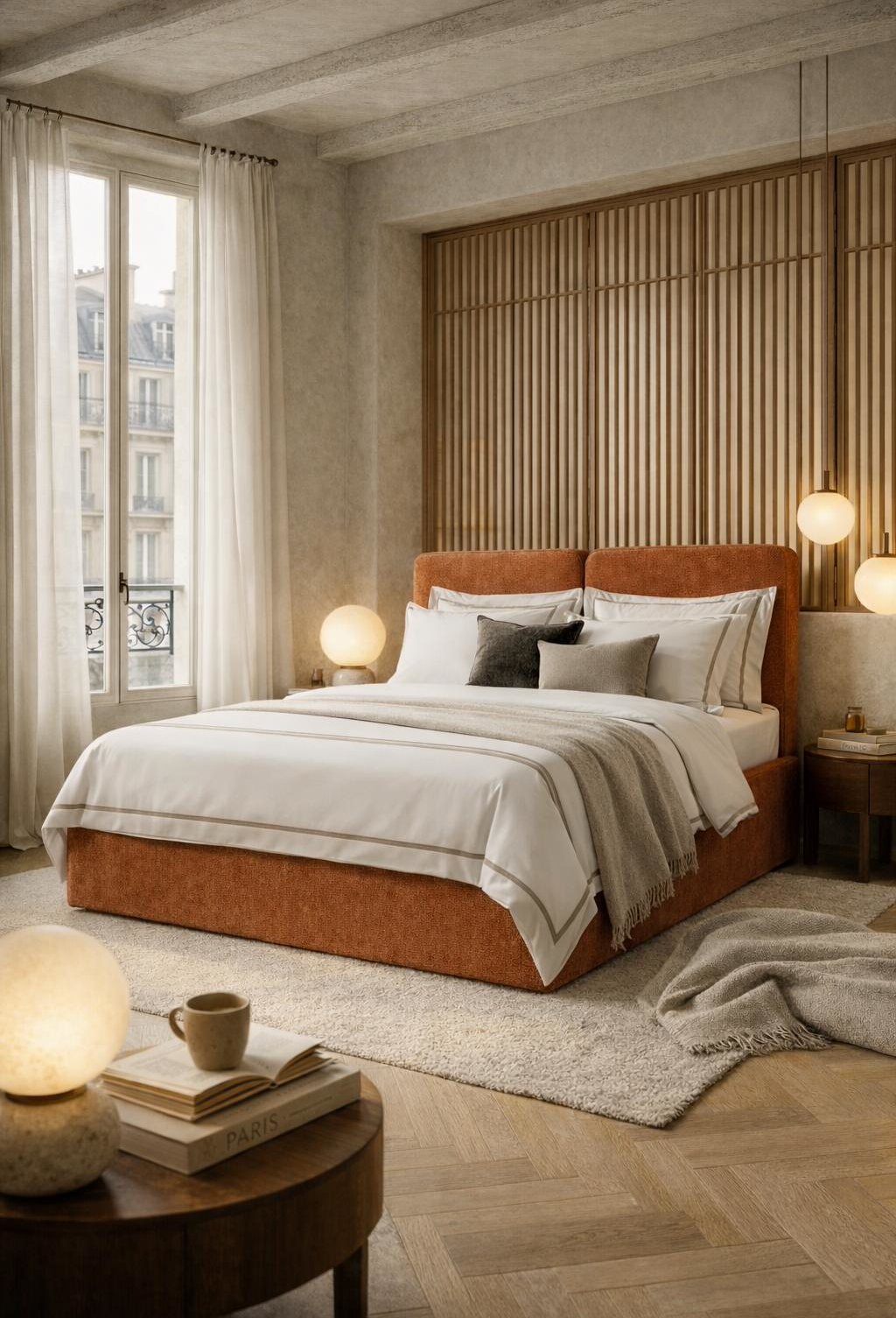 Lit coffre Arbre Sec de Paname Avenue dans un décor chic et Zen de chambre parisienne. Ambiance douce et feutrée.