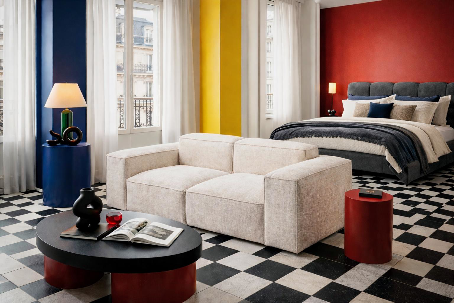 Canapé droit Lacépède et lit coffre Four Paname Avenue dans une suite  graphique, audacieuse et très design, avec une forte influence Bauhaus , Memphis et modernisme coloré.