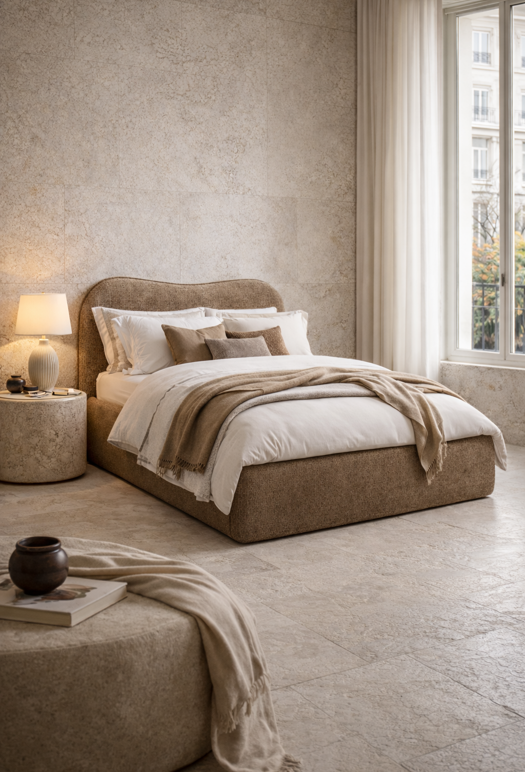 Lit Gravilliers de la marque Paname Avenue dans une chambre moderne dont le mobilier minéral est inspiré du style brutaliste