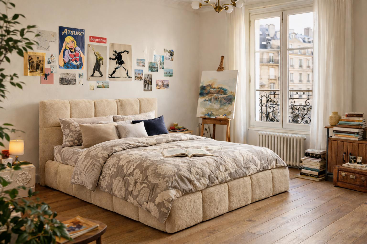 Lit coffre Steinkerque Paname Avenue en tissu bouclette beige dans une chambre parisienne avec décoration artistique, parquet en bois et grandes fenêtres