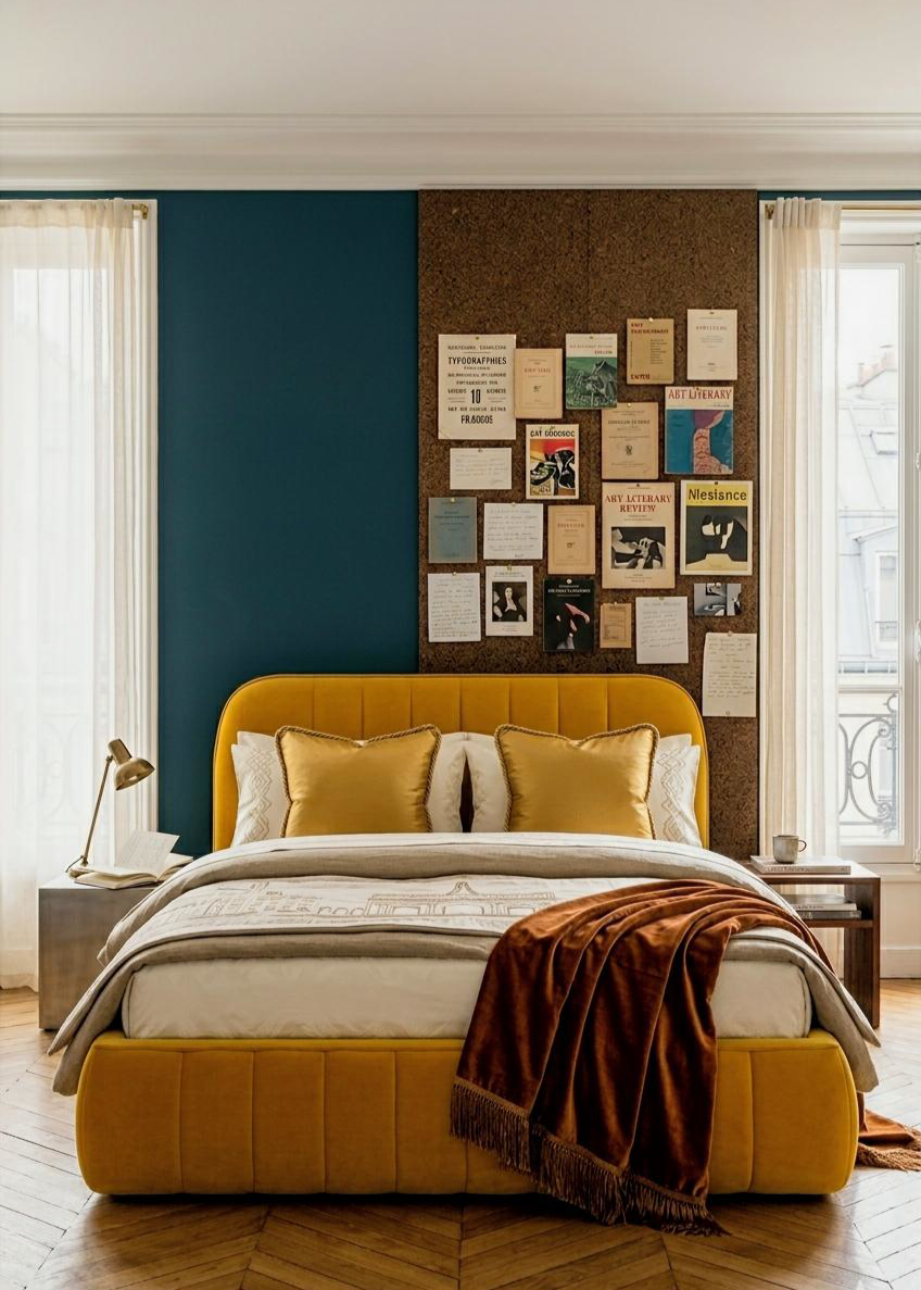 Chambre lumineuse avec panneau de liège sur lequel sont punaisées des affiches et devant ce mur, le lit coffre Timbaud qui rayonne.