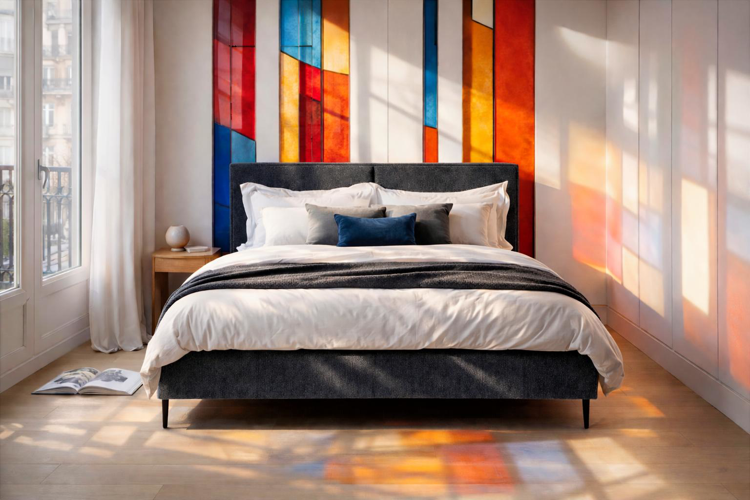 Lit coffre Yvonne le Tac dans une chambre lumineuse, devant un mur de vitraux colorés projetant des reflets rouges, bleus et orange, ambiance artistique et contemporaine.