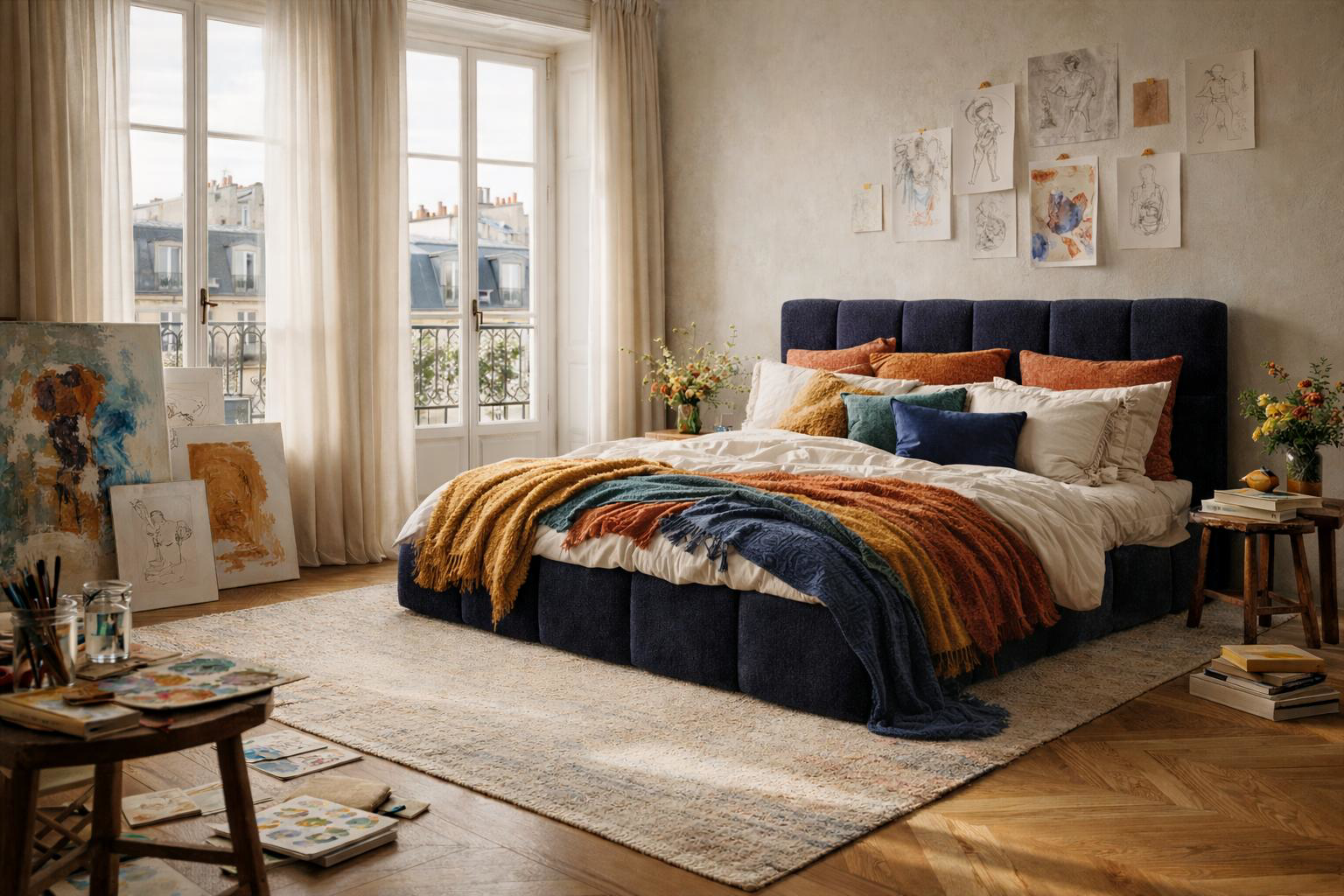 Lit Ravignan  Paname Avenue en tissu peluche bleu dans une chambre parisienne avec décoration artistique, parquet en bois et grandes fenêtres