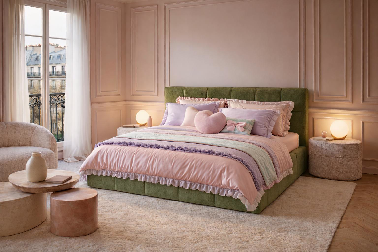 Lit Ravignan 180 x 200 dans une chambre haussmannienne rose