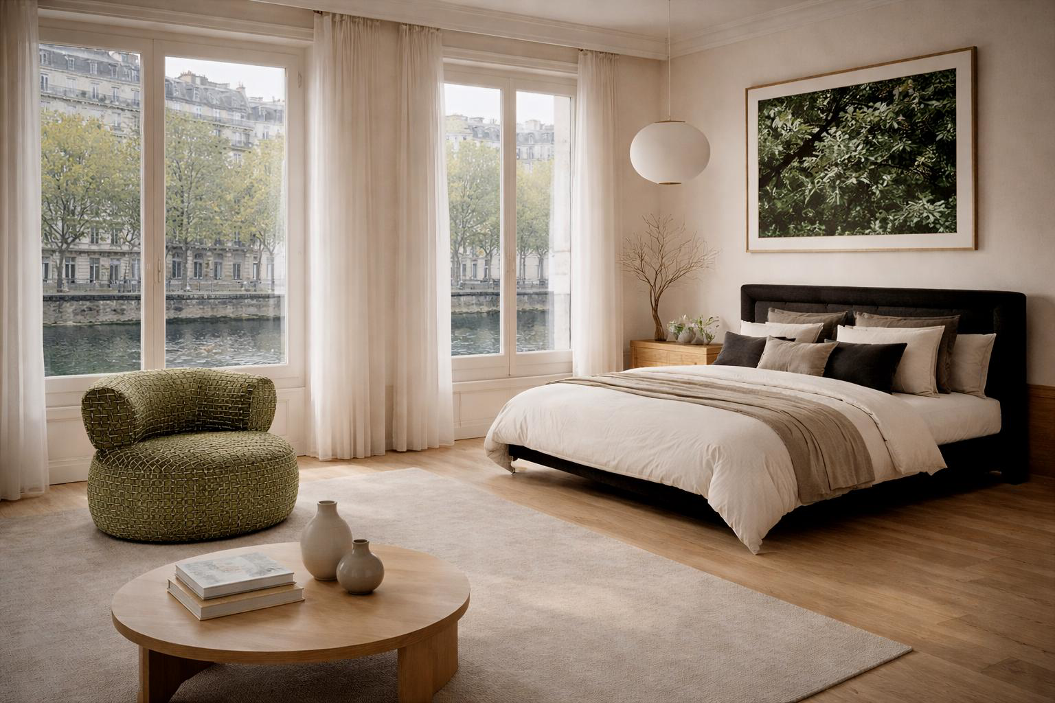 Chambre parisienne au style japonais et végétal composée d'un lit Valmy et du fauteuil Montorgueil.