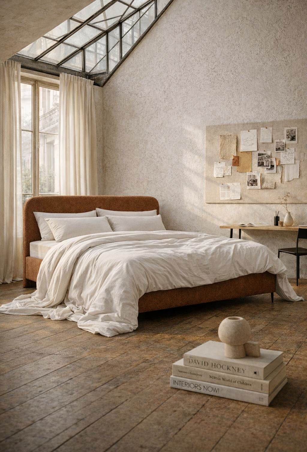 Lit Paname Avenue Yves Toudic dans une chambre lumineuse dont la partie mansardée est équipée d'une verrière inspirée de l'ossature de la tour Eiffel