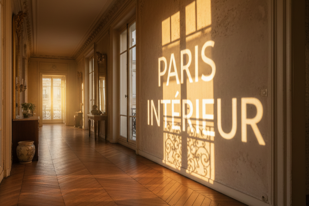 Projection au mur du texte Paris Intérieur dans le couloir d'un grand salon parisien par Paname Avenue