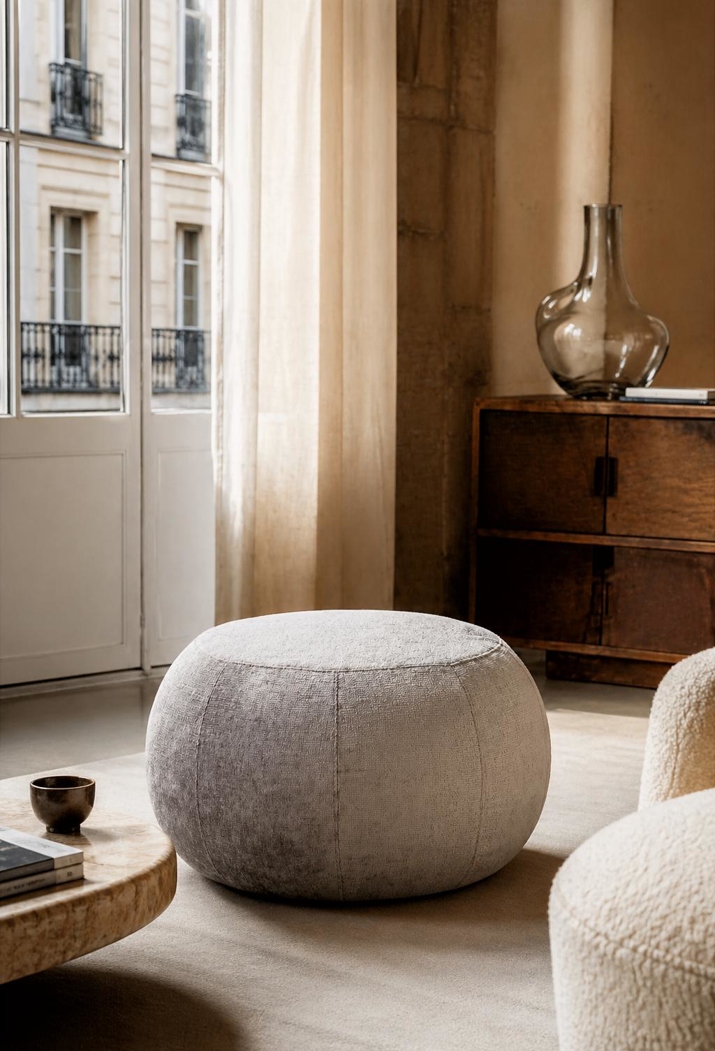 Pouf Verrerie de Paname Avenue dans un salon au style chic parisien naturel, avec grande fenêtre, rideaux en lin, meuble en bois vintage et lumière douce.