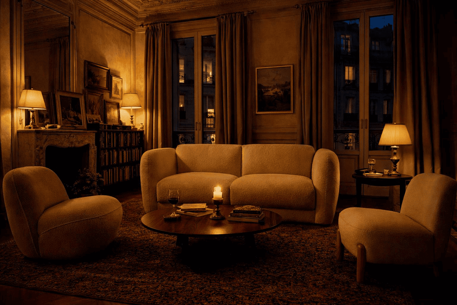 Salon haussmannien nocturne composé du canapé Pigalle et du fauteuil Louvre ainsi que du fauteuil Rivoli Paname Avenue