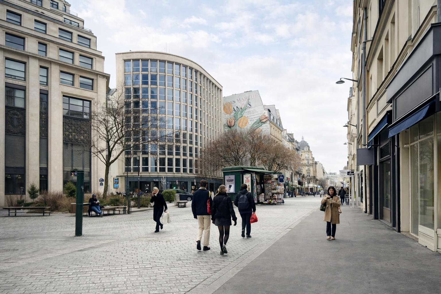 Vue sur un kiosque parisien à l'angle de la rue d'Aboukir à Paris par Paname Avenue