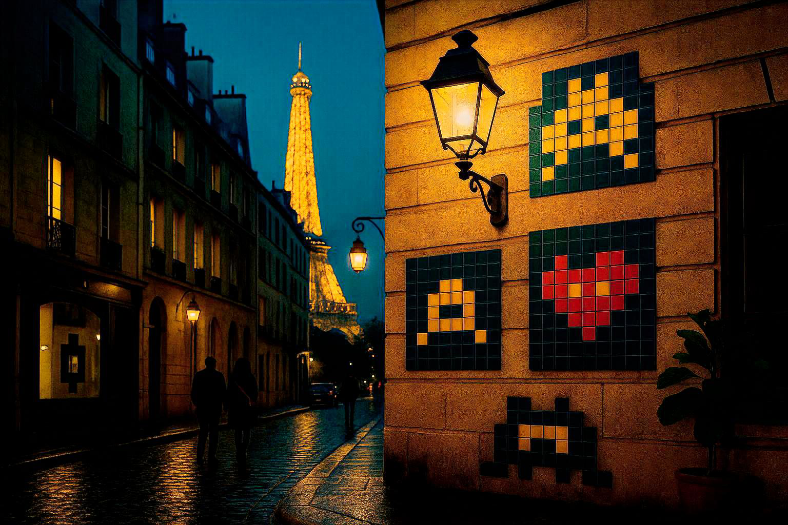 Motifs en pixels pour inspiration posés sur les murs d'un immeuble parisien par Paname Avenue 