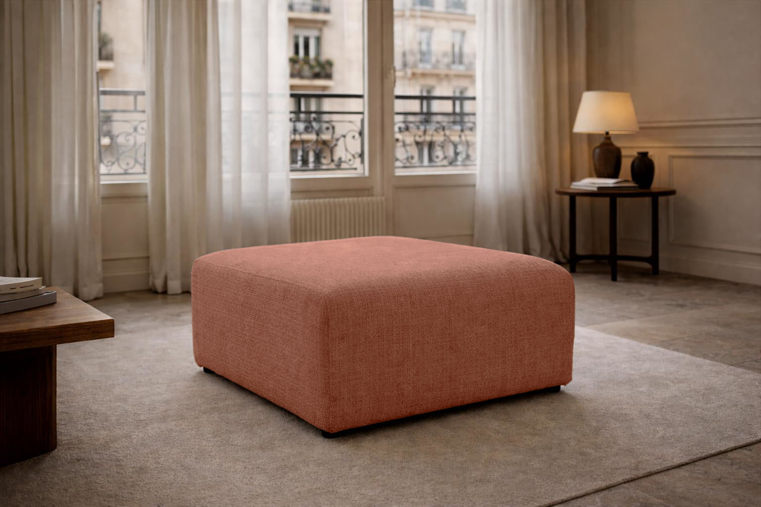 Pouf Albert-Thomas en tissu chenille terracotta Paname Avenue, dans un décor inspire au quartier parisien