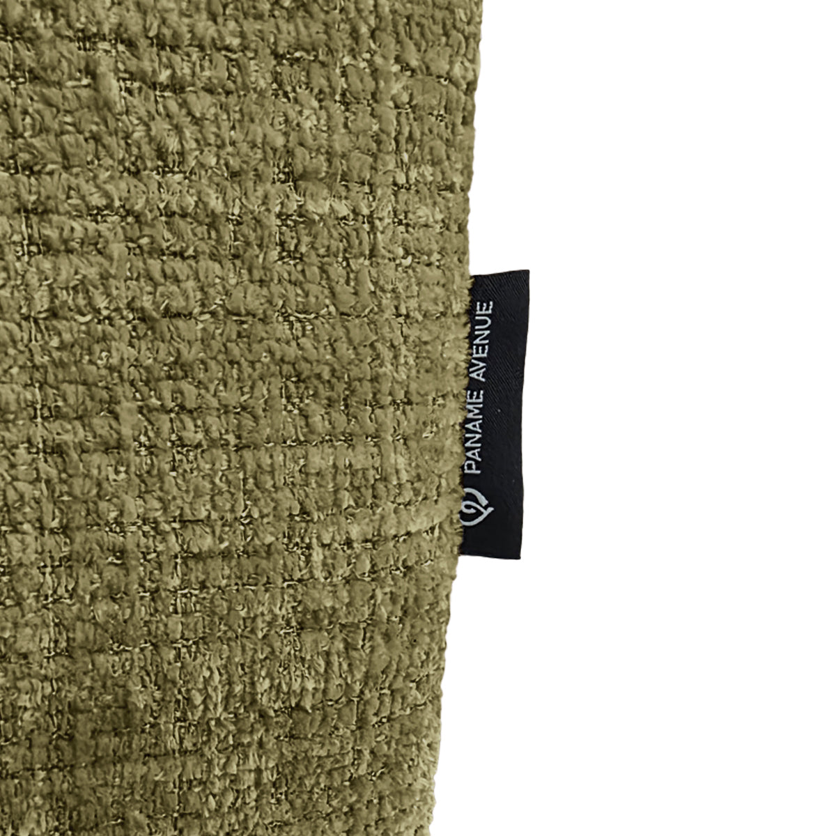 Pouf Albert-Thomas en tissu chenille vert olive Paname Avenue, détail du label de la marque