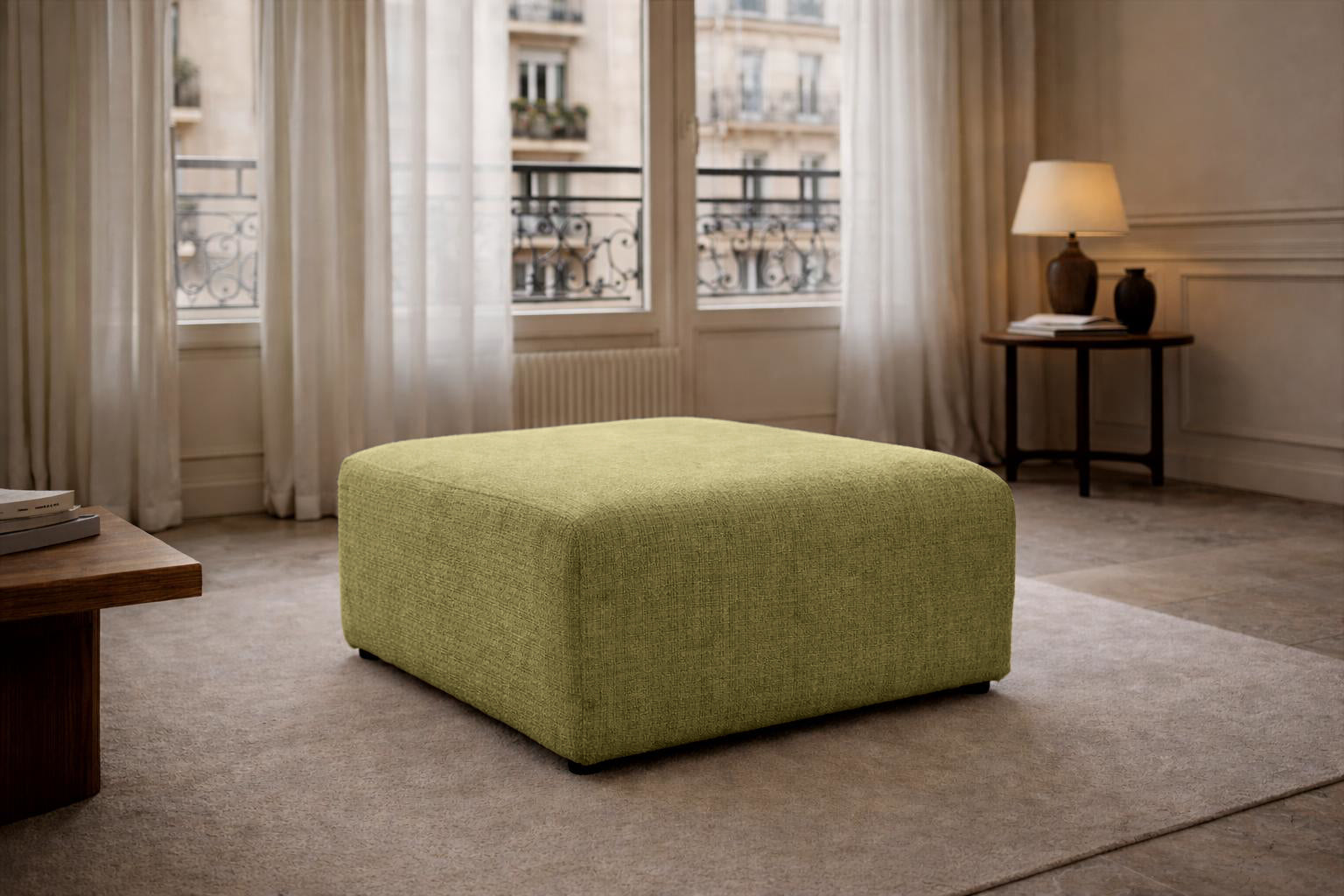 Pouf Albert-Thomas en tissu chenille vert olive Paname Avenue, dans un décor inspire au quartier parisien