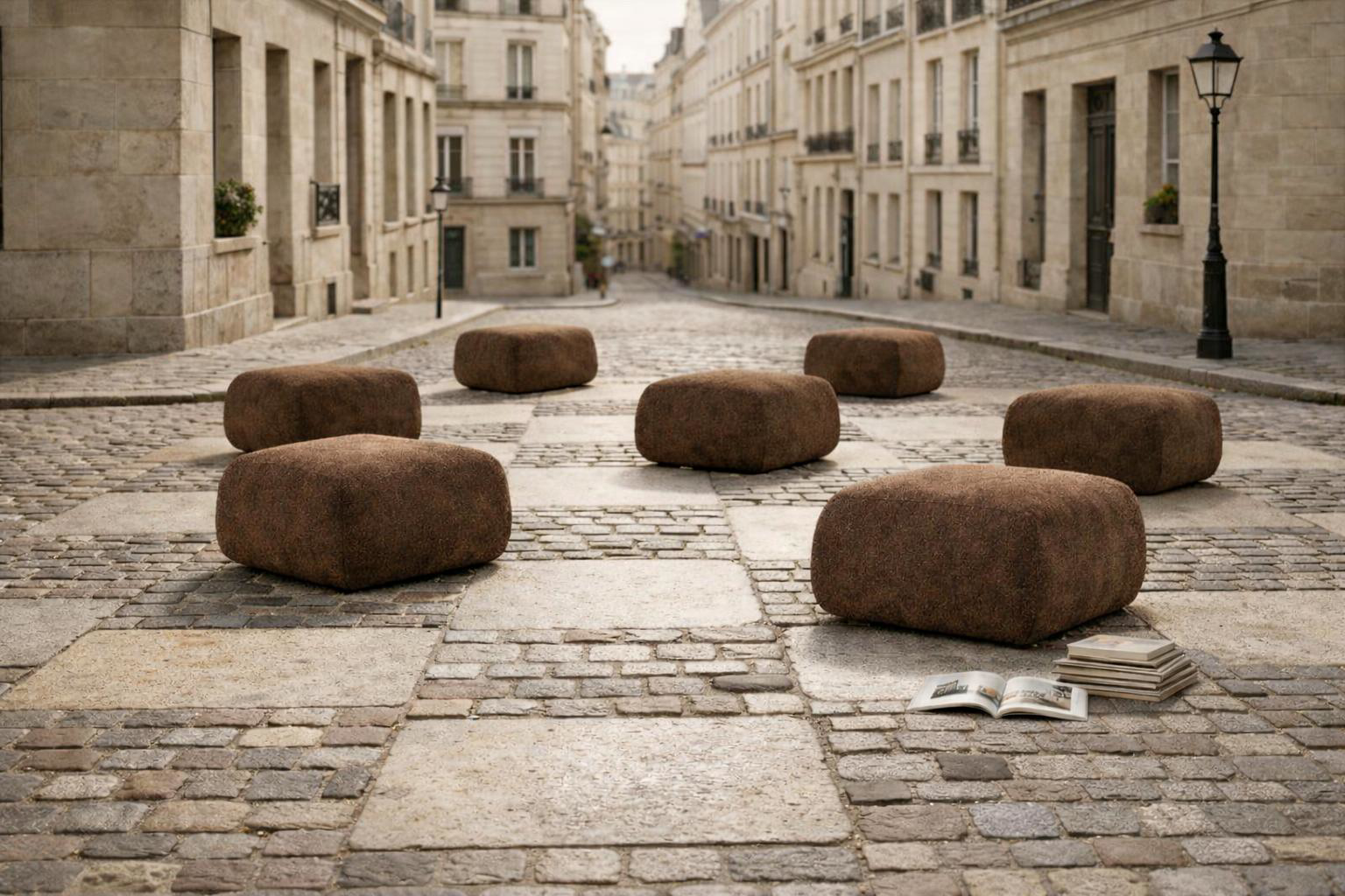Installation de poufs Blainville de Paname Avenue disposés sur une place pavée à Paris, perspective urbaine et design contemporain.