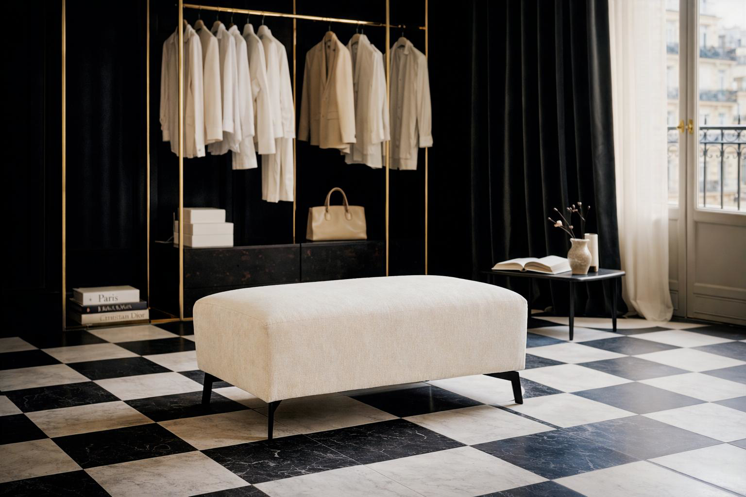 Pouf Douai en tissu chenille beige Paname Avenue, dans un décor inspire au quartier parisien