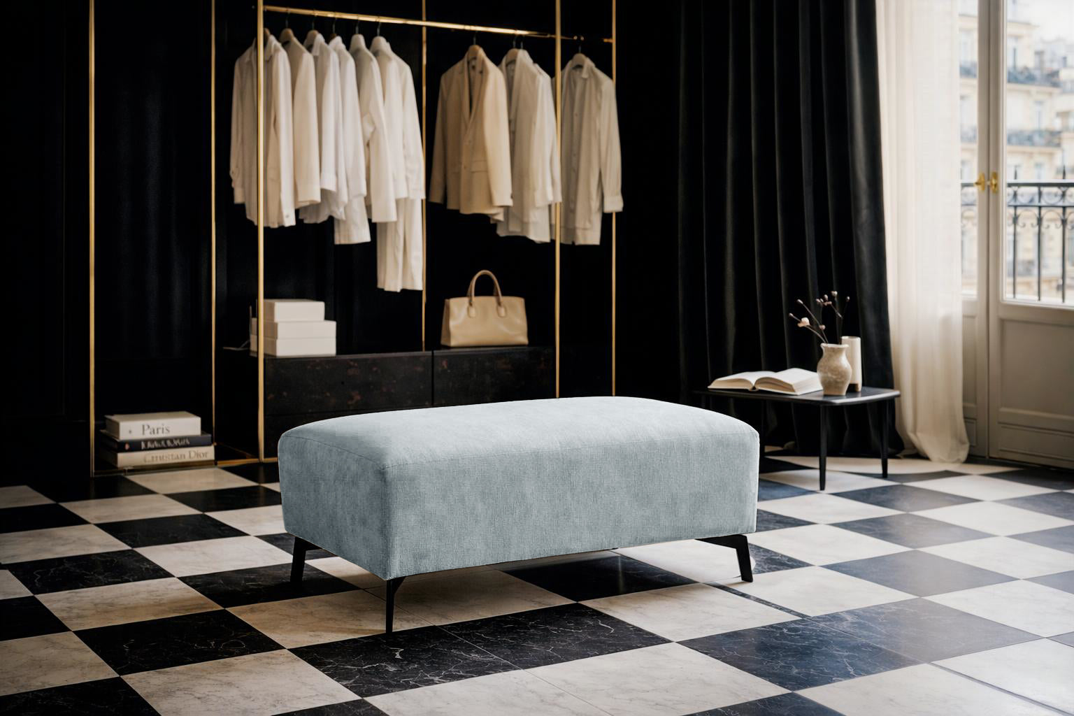 Pouf Douai en tissu chenille gris Paname Avenue, dans un décor inspire au quartier parisien