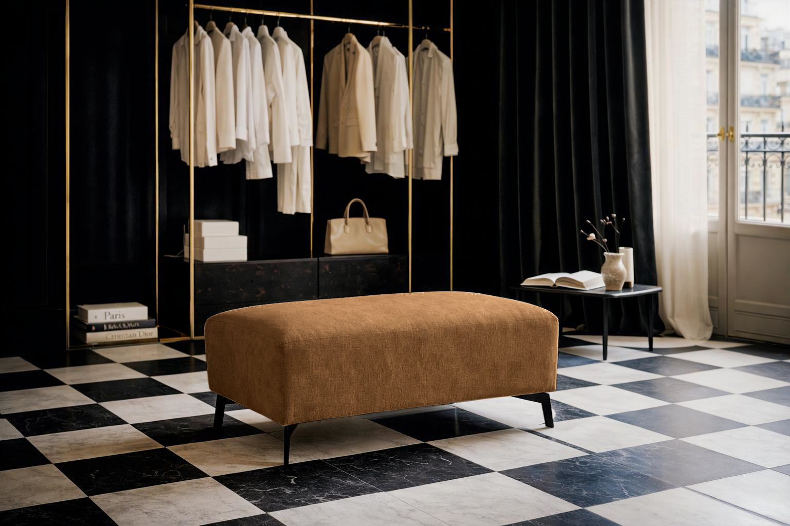 Pouf Douai en tissu chenille orange Paname Avenue, dans un décor inspire au quartier parisien