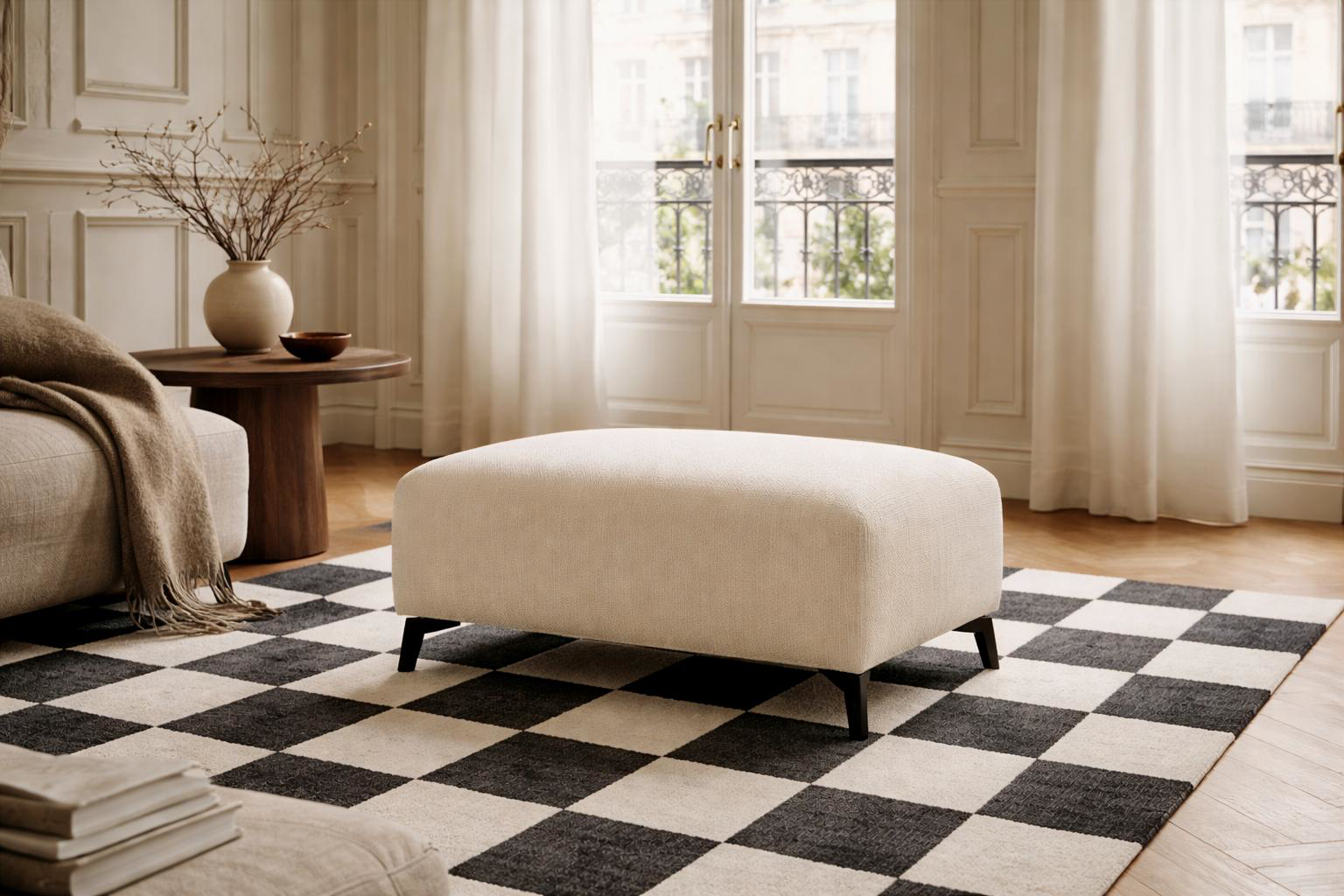 Pouf Douai de la marque Paname Avenue dans une ambiance douce et graphique